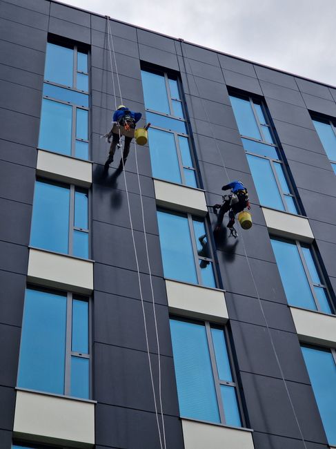 Two professional window cleaners from Carpet Cleaners Lambeth are mid-action, suspended with harnesses and ropes, performing deep cleaning or sanitisation on tall building windows. They are wearing protective harnesses, helmets, and blue uniforms, carefully scrubbing large glass panes on the exterior of a modern, multi-storey commercial or residential building. The windows are sleek, with reflective surfaces that show no visible dirt or streaks, indicating thorough cleaning. The building's façade features dark grey panels and large blue-tinted glass windows, with some windows partially covered by white panels. Overcast sky provides diffused lighting, illuminating the scene clearly. The image emphasizes the safety equipment used by the cleaners while showcasing the high-access cleaning process. Carpet Cleaners Lambeth’s service highlights professional surface cleaning solutions for challenging high-rise environments.