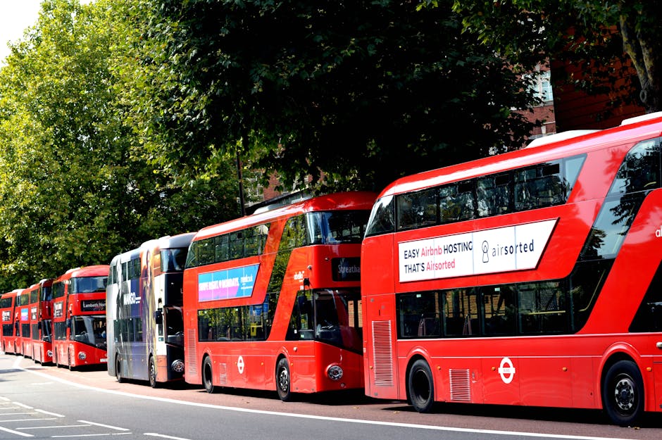 A lineup of multiple red double-decker buses parked alongside a street in Waterloo SE1 Lambeth. The buses are modern with large, tinted windows and display advertisements on their sides. The scene is set during daylight with natural sunlight illuminating the buses, and there are lush green trees in the background providing partial shade. The street appears clean, and the buses are aligned neatly in a designated bus lane, indicating a well-maintained public transport area. The image is associated with services such as surface cleaning and deep cleaning, reflecting the importance of hygiene and maintenance for both commercial and residential environments, as highlighted on the Carpet Cleaners Lambeth website for end of tenancy cleaning in the Waterloo area.